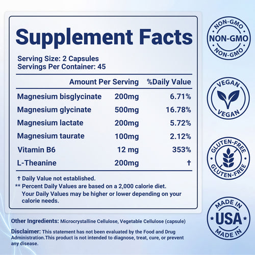 Magnesium Glycinate Complex 1000mg for Women and Men - 90 Capsules