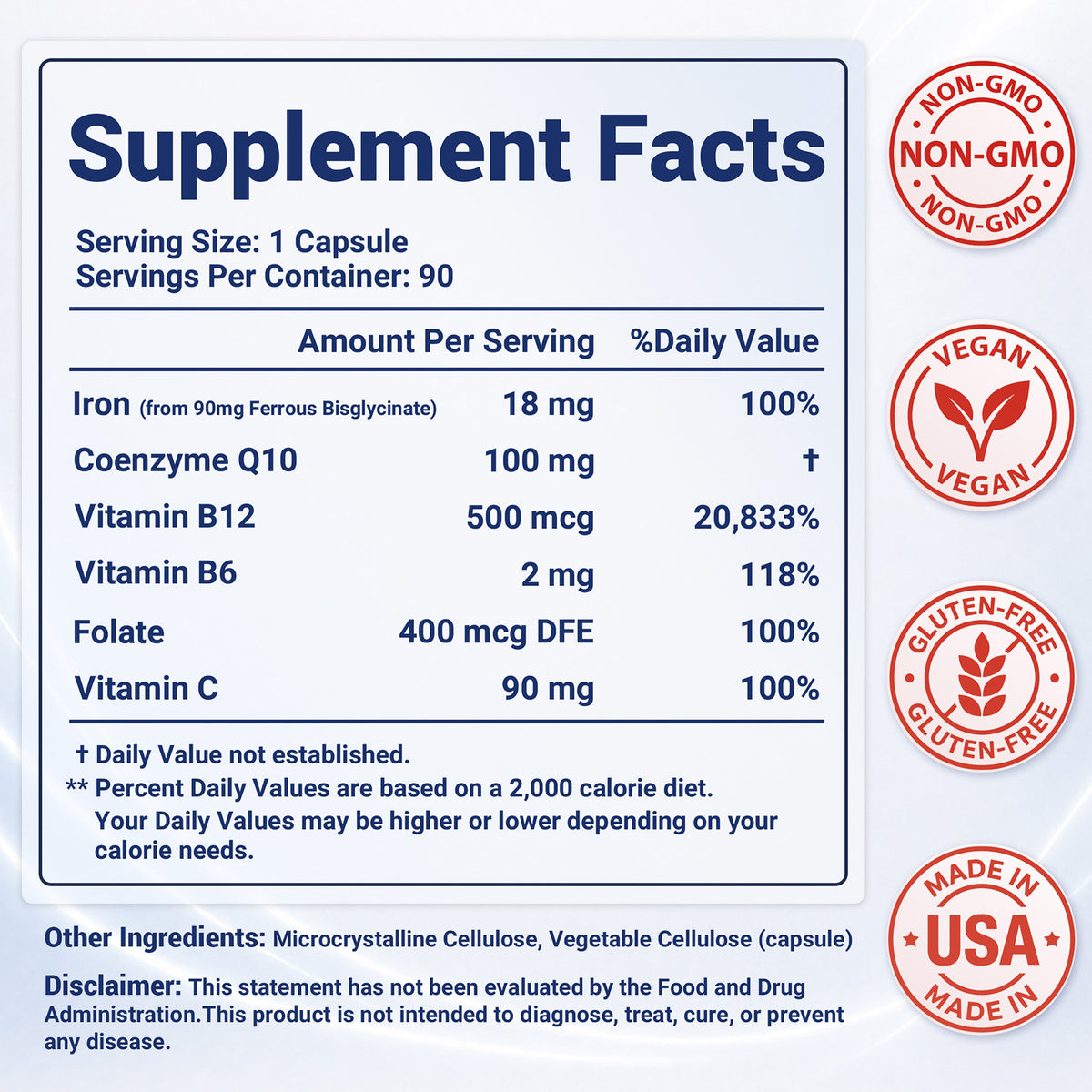 Daily Energy Supplement with Iron, B12, B6, CoQ10 for Women 90 Capsules